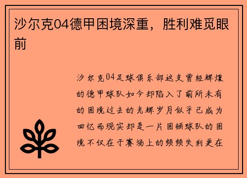 沙尔克04德甲困境深重，胜利难觅眼前
