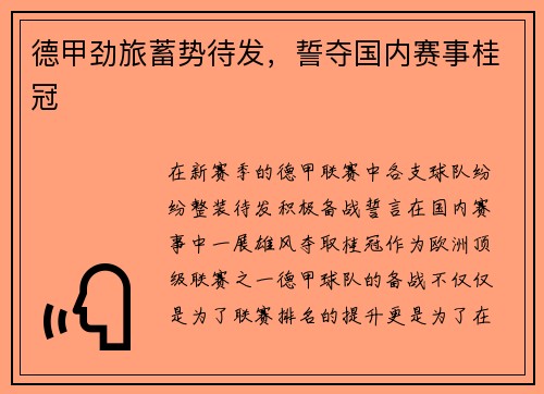 德甲劲旅蓄势待发，誓夺国内赛事桂冠