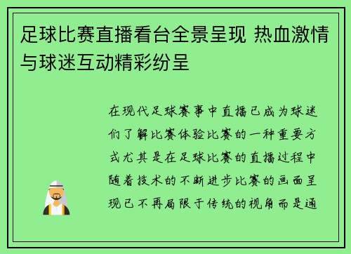 足球比赛直播看台全景呈现 热血激情与球迷互动精彩纷呈